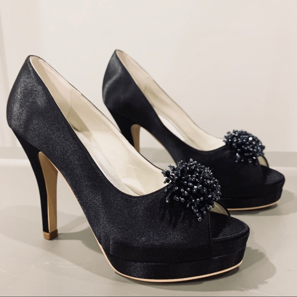 Vintage Beaded Peep Toe Black Sheen Stilettos